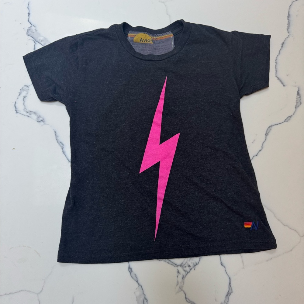 Aviator Nation Kids Black T-Shirt with Pink Lightning Bolt size 8